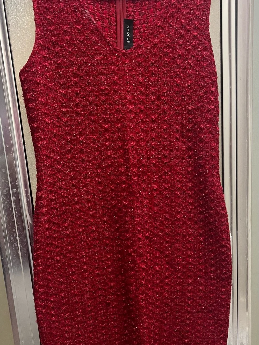 St. John Red Tweed Skirt Suit with Decorative Buttons - Picture 3 of 4